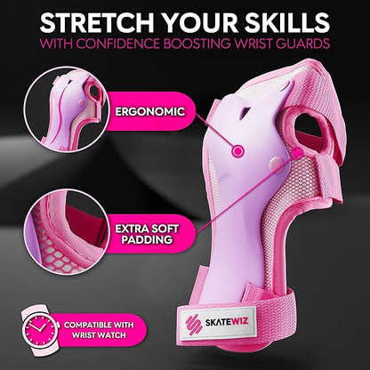 SKATEWIZ Skateboard Pads Protective Gear Set for Kids and Adults - Smash - Roller Skate Pads [6pc] with Wrist Guards - Skating Protective Gear - Roller Derby