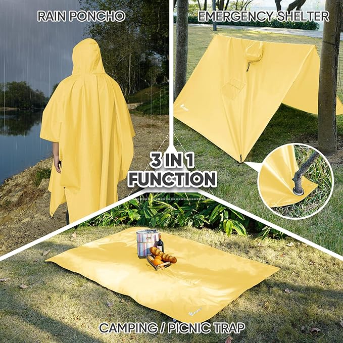 PTEROMY Hooded Rain Poncho for Adult with Pocket, Waterproof Lightweight Unisex Raincoat for Hiking Camping Emergency