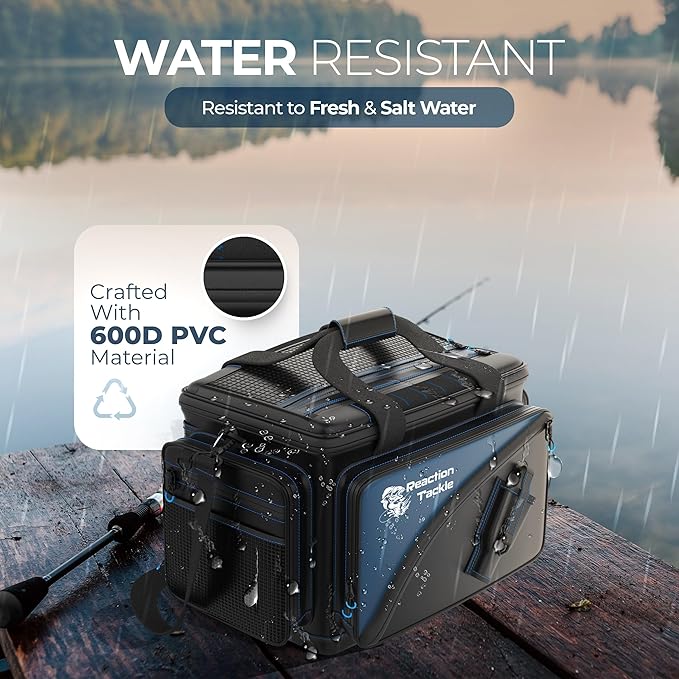 Reaction Tackle Fishing Tackle Bag – Salt Water Resistant Fishing Bag, 1000D PVC Waterproof Material, Tackle Box Organizer with Dividers for 3600 or 3700 Trays (Small, Medium, Backpack only fit 3600)