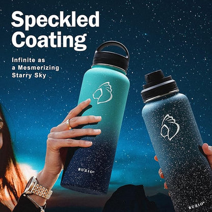 BUZIO 40 oz Water Bottle Insulated with Straw & 3 lid and Carrying Pouch, Leak Proof Anti-Slip Stainless Steel Water Flask Jug, Cold for 48 Hrs Double Vacuum Thermo Canteen, BPA-Free, Starry Pacific