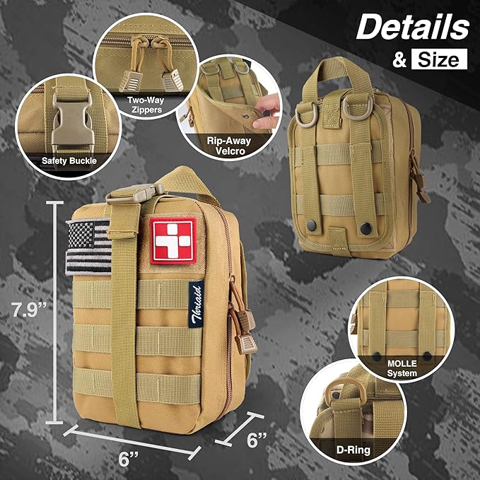 Survival First Aid Kit with Israeli Bandage, Splint, Chest Seal, Tactical Military Combat Molle IFAK for Wound Care, Bleeding Control, Trauma Hemorrhage and More