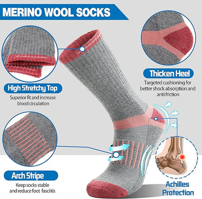 5 Pairs Merino Wool Hiking Socks Warm Thermal Winter Cozy Cushioned Moisture Wicking Socks for Women & Men