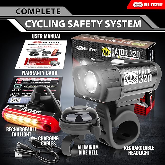 BLITZU Bike Lights, Super Bright Bicycle USB-C Rechargeable Headlight, Taillight & Bell Set, Waterproof Safety Front & Rear Back light for Night Riding, Easy to Install for Men Women Kids Road Cycling