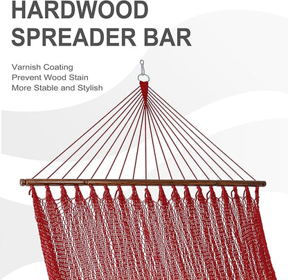 Lazy Daze Hammocks 10.5 FT Double 2 Person Caribbean Rope Hammock, Hand Woven Polyester Hammock with Spreader Bars, for Outside Outdoor Backyard Patio Poolside, 450 LBS Capacity,Red