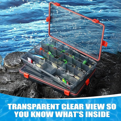 Fishing Tackle Boxes Waterproof 3700 Tackle Trays with Removable Dividers Plastic Storage Organizer Bait Vault Camouflage Box for Freshwater Saltwater (Orange)