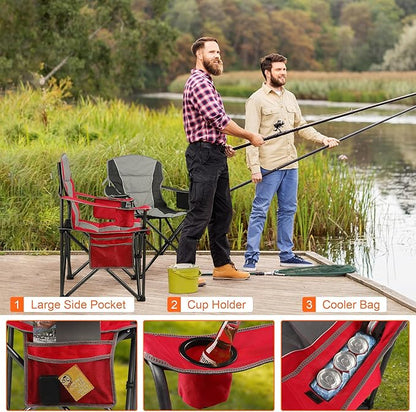 2 Pack Padded Oversized Camping Chairs for Adults,Heavy Duty Support 400 Lbs,Folding Portable Lawn Chair w/Cup Holder,Cooler Bag,Side Pocket,Perfect for Outdoor Picnic,Hiking(Red&Black)