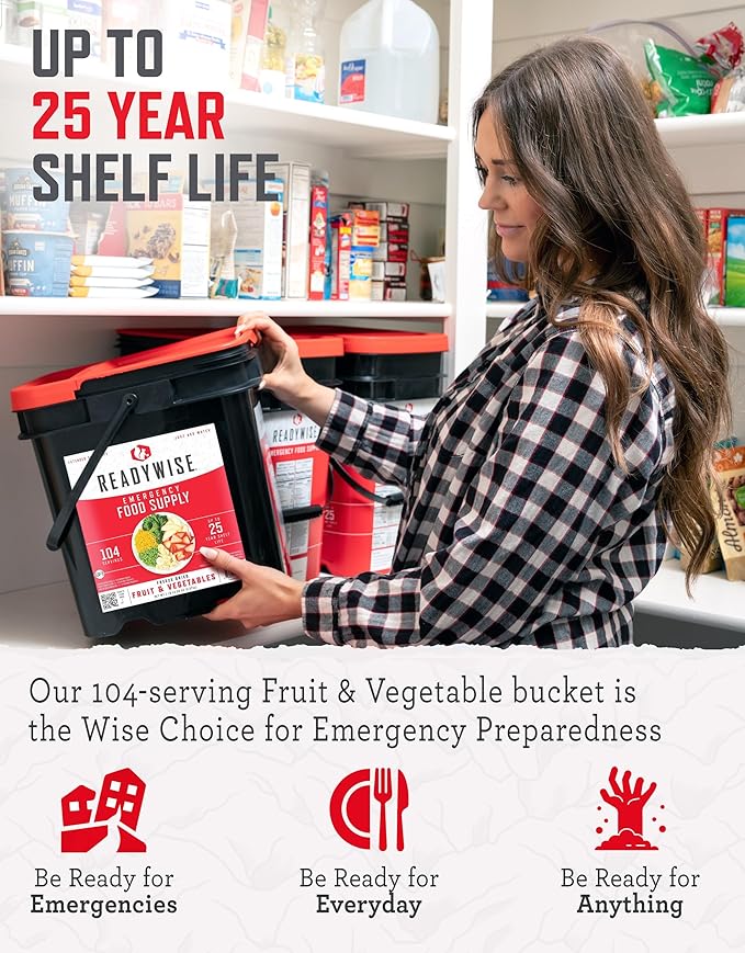 ReadyWise Emergency Food Supply - 104 Servings Freeze Dried Fruit and Vegetables Bucket, Protein Meals, Camping Essentials for Survival Food, Disaster Prepping Supplies, up to 25 Year Shelf Life