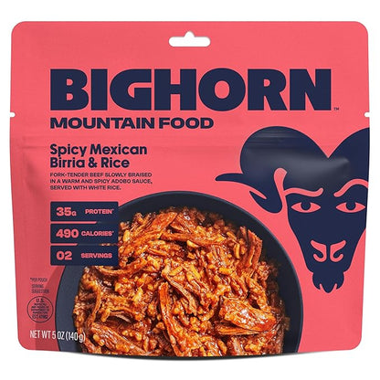 BIGHORN Mountain Food Spicy Mexican Birria and Rice - contains 4 packs | 8 servings | 140g Protein | 1,960 Calories - premium freeze dried meals for backpacking food - dehydrated camping food for backpacking meal - just add water - great taste