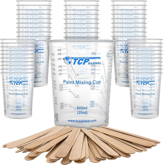 TCP Global 20 oz. (600ml) Graduated Plastic Mixing Cups - Box of 50 with 50 Mixing Sticks - Disposable Plastic Measuring Cups for Liquids, Paints, Resin, Epoxy, Art, Kitchen - Ratios 2-1, 3-1, 4-1 ML