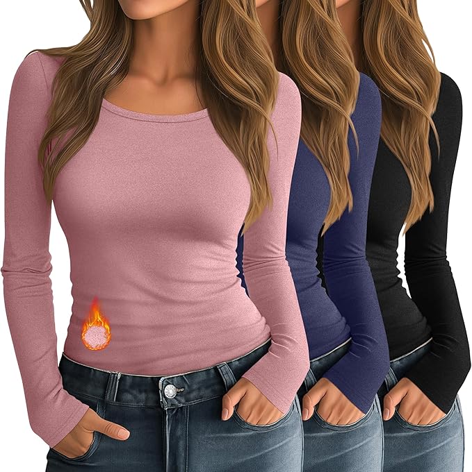 Neer 3 Pack Women's Thermal Shirts Long Sleeve Crew Neck Fleece Lined Undershirts Slim Fit Basic Tops Winter Base Layer