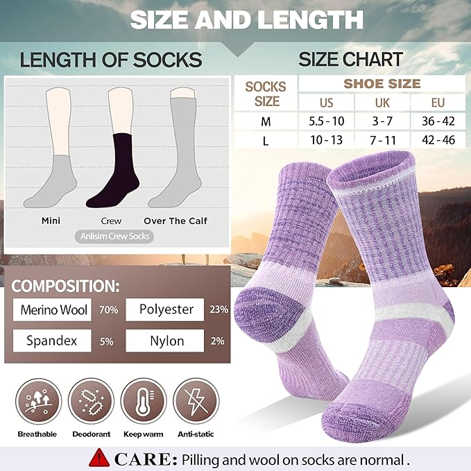 Anlisim Merino Wool Hiking Socks for Women Thermal Winter Warm Boot Work Cushion Socks 5 Pairs