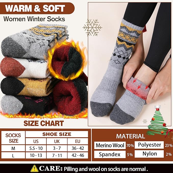 EBMORE Womens Merino Wool Hiking Socks Thermal Warm Winter Crew Cushion Work Boot Outdoor Socks 5 Pairs