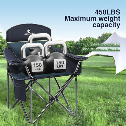 HIGH POINT SPORTS Oversized Camping Folding Chair, Heavy Duty Portable Outdoor Chair, Foldable Camp Chair with Cup Holder and Cooler Bag Support 450 LBS, 2 Pack, Green