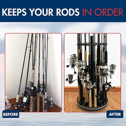 Rush Creek Creations Fishing Rod Holder - 360 Spinning Rack for Garage Organization and Storage, Pole Holder for Reels, Gear, Accessories, Tackle Box