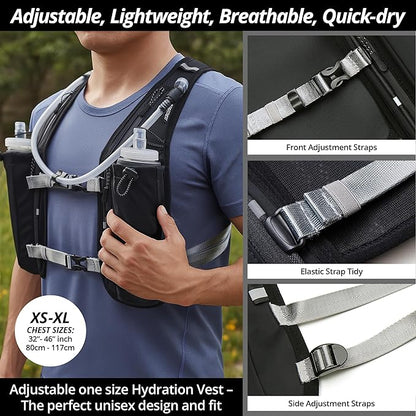 Running Hydration Vest for Women and Men. Reflective, 8 Pocket, Quick Dry, Water-Resistant, Breathable, Adjustable Backpack for Runs, Hiking, Cycling, Trails, Marathons
