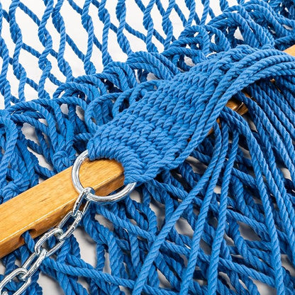 Original Pawleys Island Large Coatal Blue DuraCord Rope Hammock – 13 ft. x 55 in., 2-Person, 450 lb Capacity, Oak Spreader Bar, Zinc-Plated Hardware, Handcrafted in The USA