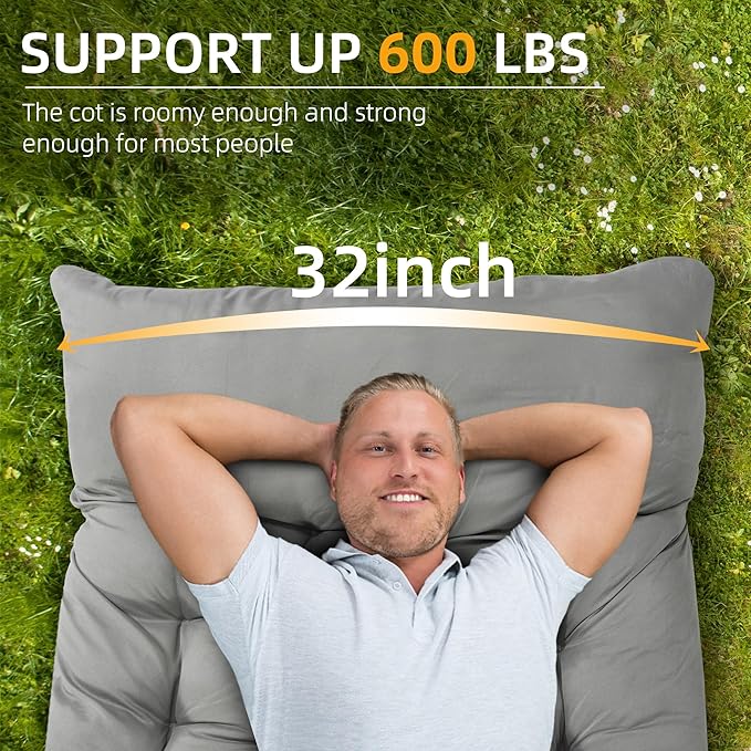 HABUTWAY Camping Cot with Mattress, 32" Extra Wide Camping Cots for Adults, Sleeping Cot for Adults Holds Up to 600LBS, Cots for Sleeping, Camp, Rv, Beach, Patio, Office Naps(Grey)