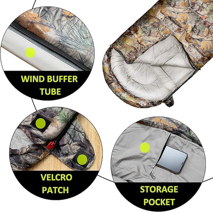 0 Degree Winter Sleeping Bags for Adults Camping (450GSM) - Temp Range (5F–32F) Portable Waterproof Compression Sack- Camping Sleeping Bags for Big and Tall in Env Hoodie: Backpacking Hiking 4 Season