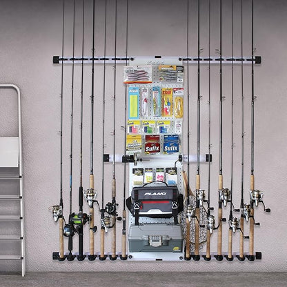 Rush Creek Creations - Fishing Rod Holder for Garage, Fishing Pole Rack Wall Mount & Tackle Storage, No Limit Vertical Fishing Rod Rack Holder, Modular Wall Unit, Fishing Pole Rods Rack