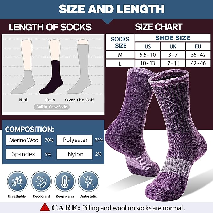 Anlisim Merino Wool Hiking Socks for Women Thermal Winter Warm Boot Work Cushion Socks 5 Pairs