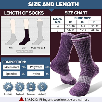 Anlisim Merino Wool Hiking Socks for Women Thermal Winter Warm Boot Work Cushion Socks 5 Pairs