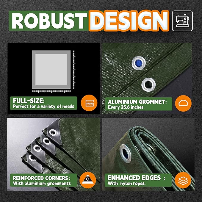 RAINDEWAY Tarps Heavy Duty Waterproof 16x20 Feet,10.5 Mil Waterproof Tarps for Outdoors,Multipurpose Poly Tarp Cover with Metal Grommets and Reinforced Edges,Green/Blue