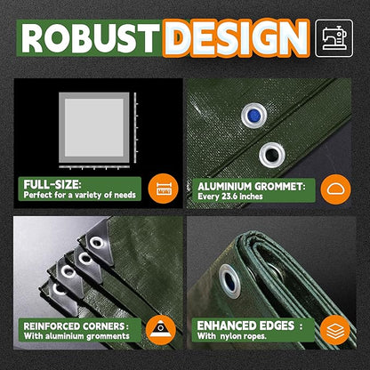 RAINDEWAY Tarps Heavy Duty Waterproof 16x20 Feet,10.5 Mil Waterproof Tarps for Outdoors,Multipurpose Poly Tarp Cover with Metal Grommets and Reinforced Edges,Green/Blue