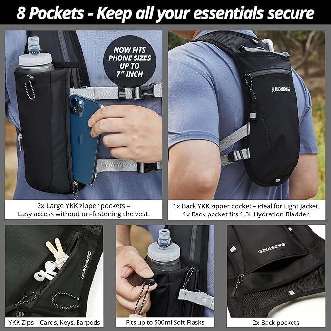 Running Hydration Vest for Women and Men. Reflective, 8 Pocket, Quick Dry, Water-Resistant, Breathable, Adjustable Backpack for Runs, Hiking, Cycling, Trails, Marathons