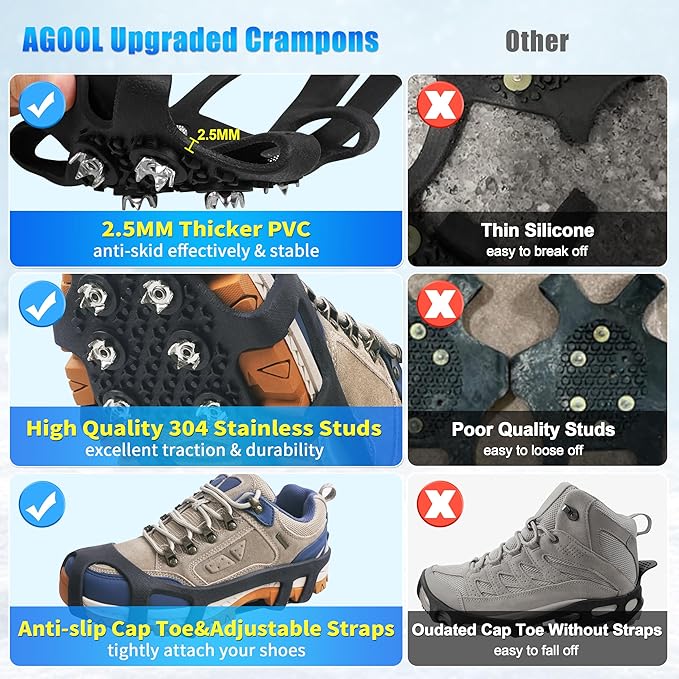 Crampons Ice Cleats for Shoes and Boots Snow Traction Cleats for Walking on Snow and Ice 9 Point Cleats Non-Slip Grippers Overshoe Silicone Stretch Footwear for Winter Hiking Climbing Ice Fishing