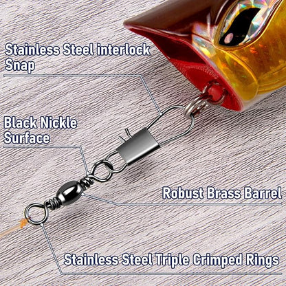 Alwonder 100-Pack Fishing Snap Swivels, Barrel Swivels Fishing Tackle with Snaps Freshwater, Stainless Steel Safty Interlock Snap Swivel Black Nickel Coated Lure Hook Connector Quick Change Clips