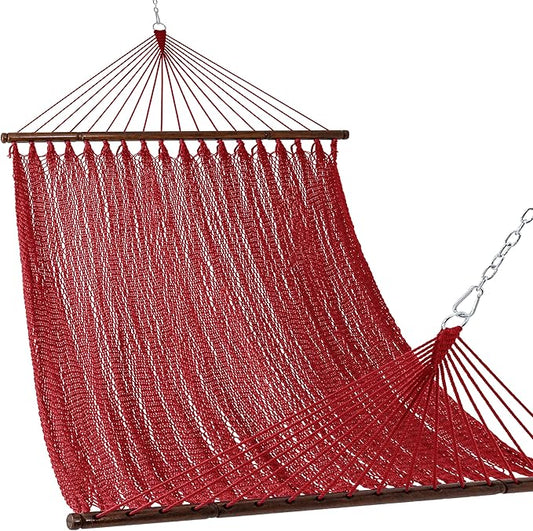 Lazy Daze Hammocks 10.5 FT Double 2 Person Caribbean Rope Hammock, Hand Woven Polyester Hammock with Spreader Bars, for Outside Outdoor Backyard Patio Poolside, 450 LBS Capacity,Red
