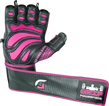 Grip Power Pads Leather Gym Gloves for Women – Built-in 2" Wrist Wraps, Pink Weightlifting, Powerlifting, Bodybuilding Workout