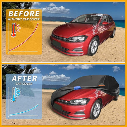 Waterproof All-Weather Universal Car Cover with Right Side Zipper, 190T Polyeste Black Blue Fits for Hatchback 163" to 177" Length