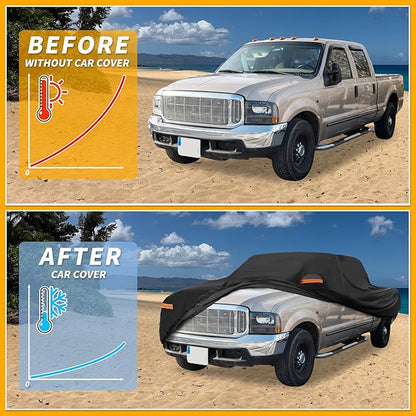 Universal Car Cover Waterproof All Weather 190T-PU, UV Sun Rain Protection, Fits for Truck Length Up to 220", with Left Side Zipper, Black