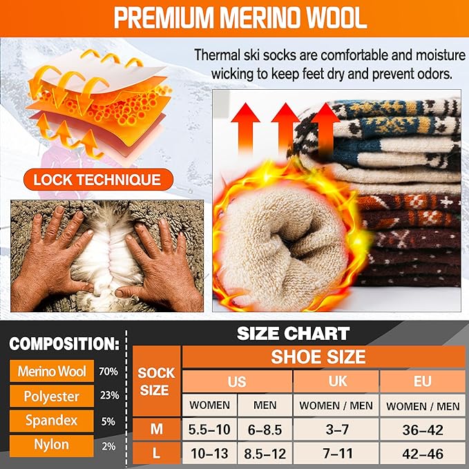 3 Pairs Merino Wool Ski Socks for Womens Mens Thermal Winter Warm Thick Knee High Socks for Skiing Snowboarding