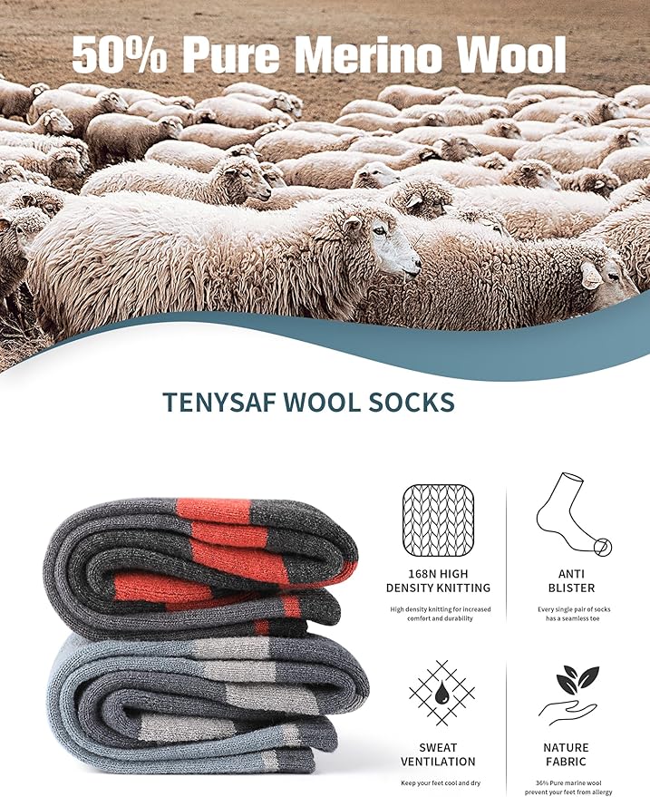 Wool Hiking Socks for Men - Women Lightweight Crew Merino Wool Socks with Cushion for Camping Hunting Work,4 pack