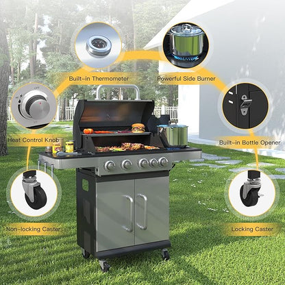 DIFY 4-Burner Propane Gas BBQ Grill with Side Burner and Porcelain-Enameled Cast Iron Grates, 46500 BTU Output Stainless Steel Grill for Outdoor Cooking Kitchen & Patio Backyard Barbecue, Silver
