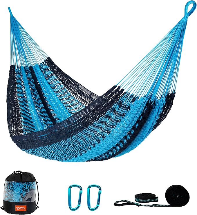 LazyDaze Hammocks Handwoven Outdoor Double Rope Mayan Hammock Bed, Tree Hammocks with Stand for Outside Patio Indoor Bedroom, hamacas para adultos, Blue