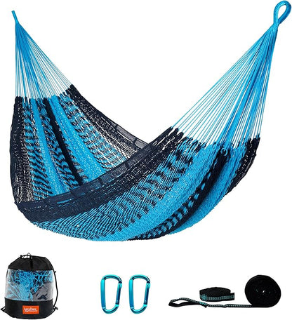 LazyDaze Hammocks Handwoven Outdoor Double Rope Mayan Hammock Bed, Tree Hammocks with Stand for Outside Patio Indoor Bedroom, hamacas para adultos, Blue
