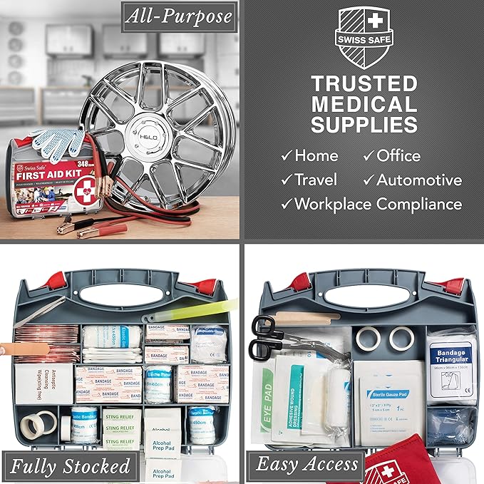 Swiss Safe 2-in-1 Car Emergency Kit | 12-FT Heavy-Duty Jumper Cables & 378-Piece Comprehensive Car First Aid Kit | Compact Roadside Auto Essentials for Vehicle Safety