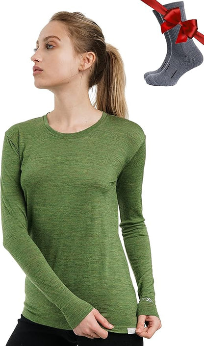 Merino.tech Merino Wool Base Layer Women - 100% Merino Wool Heavyweight, Midweight, Lite Long Sleeve Thermal Shirt and Socks