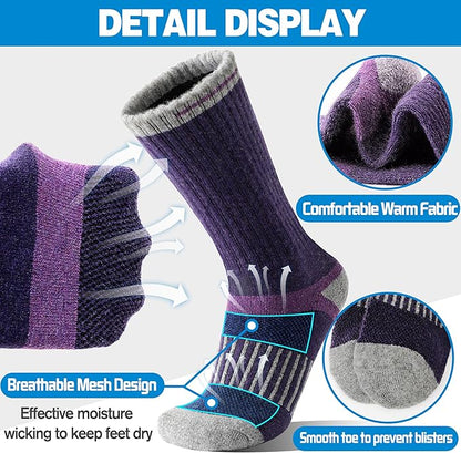 5 Pairs Merino Wool Hiking Socks Warm Thermal Winter Cozy Cushioned Moisture Wicking Socks for Women & Men