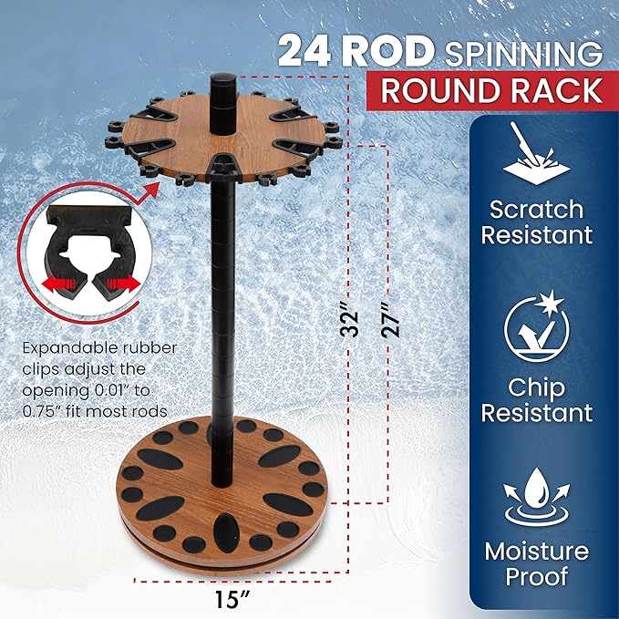Rush Creek Creations Fishing Rod Holder - 360 Spinning Rack for Garage Organization and Storage, Pole Holder for Reels, Gear, Accessories, Tackle Box