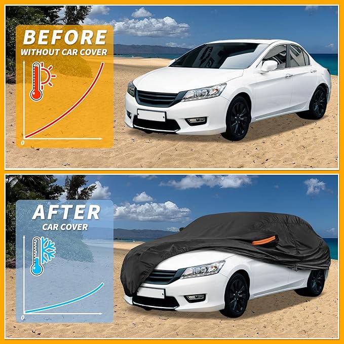 Universal Car Cover Waterproof All Weather 210D-PU, UV Sun Rain Protection, Fits for Sedan Length 178"-186", with Left Side Zipper, Black