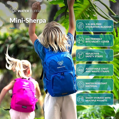 Water Buffalo Mini Sherpa Kids Hiking Backpack & Hydration Backpack, with 1.5L Bladder, Adjustable Fit, Reflective Trim