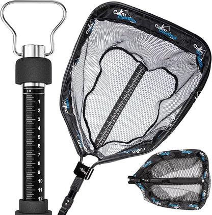 3in1 Floating Fishing Net with inbuilt Weighing Scale & Ruler for Kayak, Fly, Bass, Trout, Salmon, Steelhead Fishing, Rubber Coated Landing net for Catch & Release, Lightweight & Folding