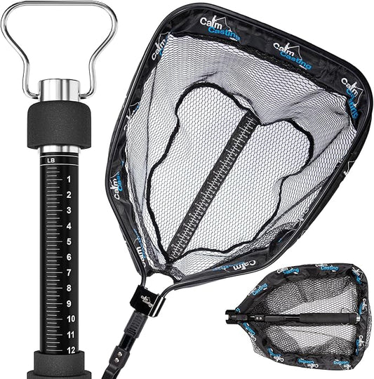 3in1 Floating Fishing Net with inbuilt Weighing Scale & Ruler for Kayak, Fly, Bass, Trout, Salmon, Steelhead Fishing, Rubber Coated Landing net for Catch & Release, Lightweight & Folding