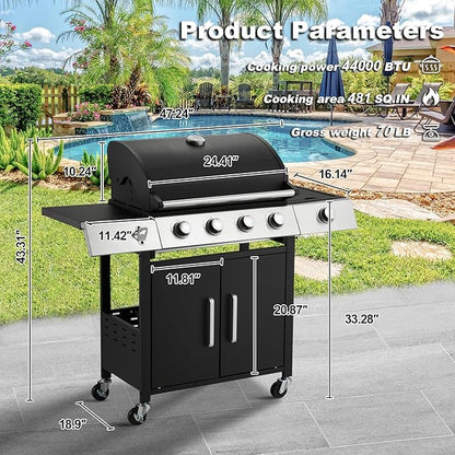 MELLCOM Upgraded 44,000 BTU Stainless Steel Burner Barbecue Grill, 4 Burner BBQ Propane Gas Grill with Side Stove & Cast Iron Grates for Patio, Camping, Outdoor Cooking