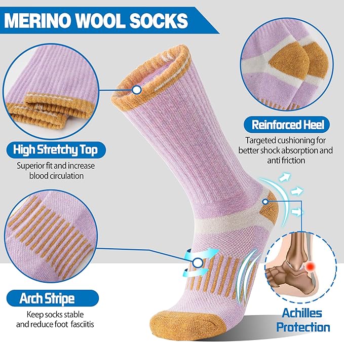 5 Pairs Merino Wool Hiking Socks Warm Thermal Winter Cozy Cushioned Moisture Wicking Socks for Women & Men