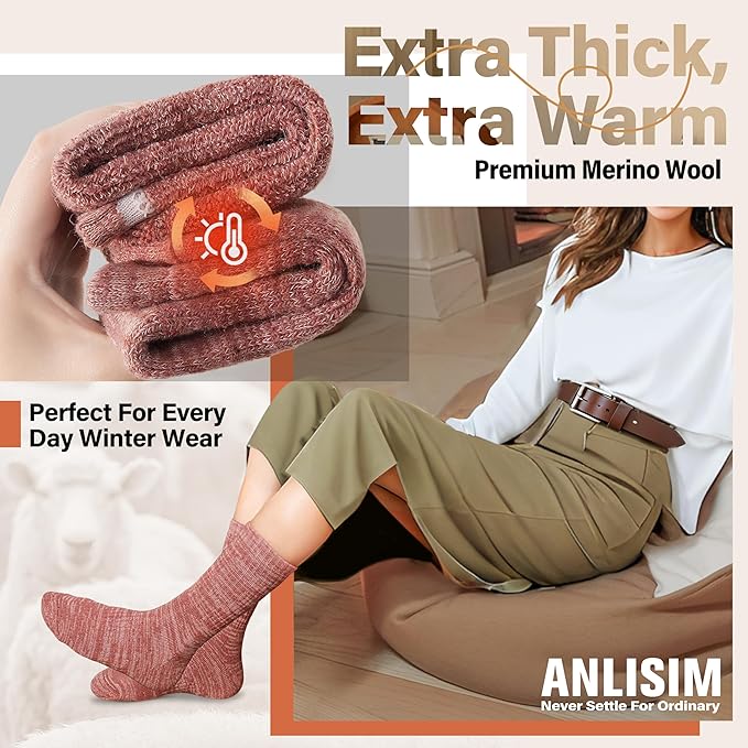 Anlisim Merino Wool Warm Boot Hiking Socks Thermal Extra Thick Winter Cozy Crew Comfy Cushioning Work Women Men Socks 4 Pairs